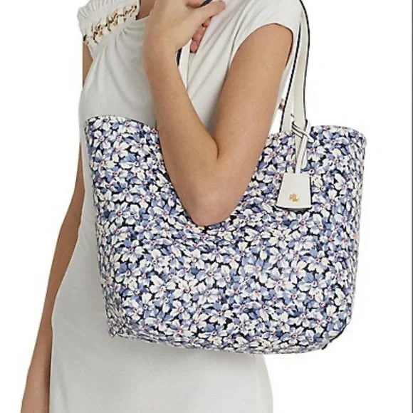 LAUREN RALPH LAUREN Bag Leather Print Tote Purple Vanilla/Breeze Floral w Pouch - Picture 14 of 14